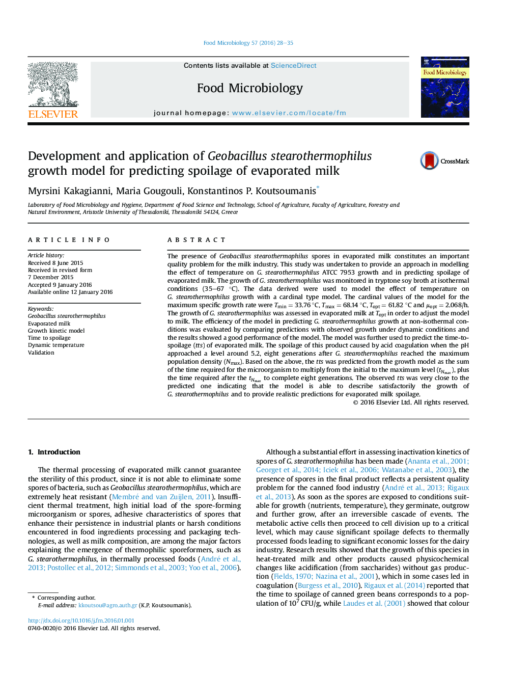 Development and application of Geobacillus stearothermophilus growth model for predicting spoilage of evaporated milk