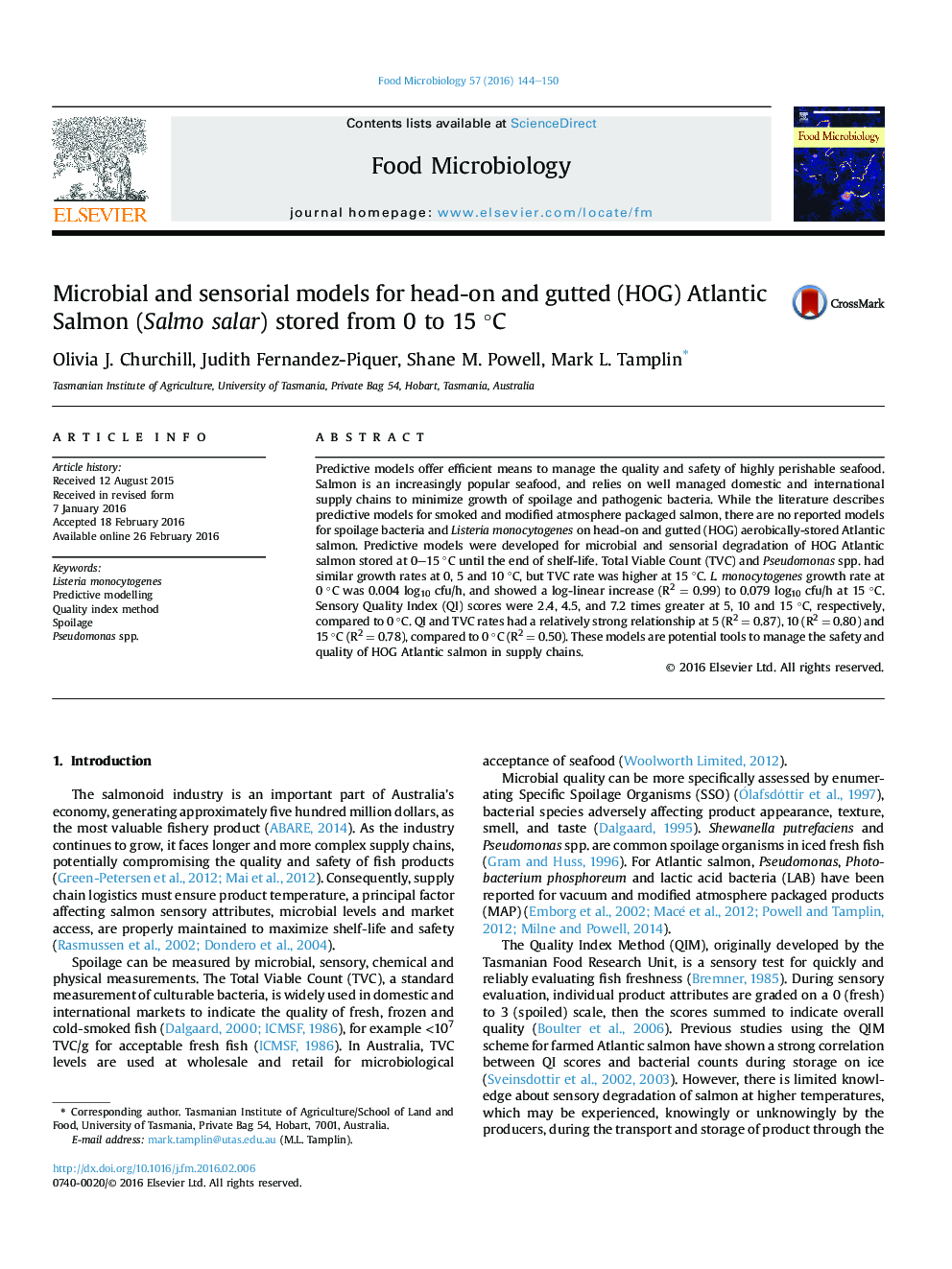 Microbial and sensorial models for head-on and gutted (HOG) Atlantic Salmon (Salmo salar) stored from 0 to 15 °C