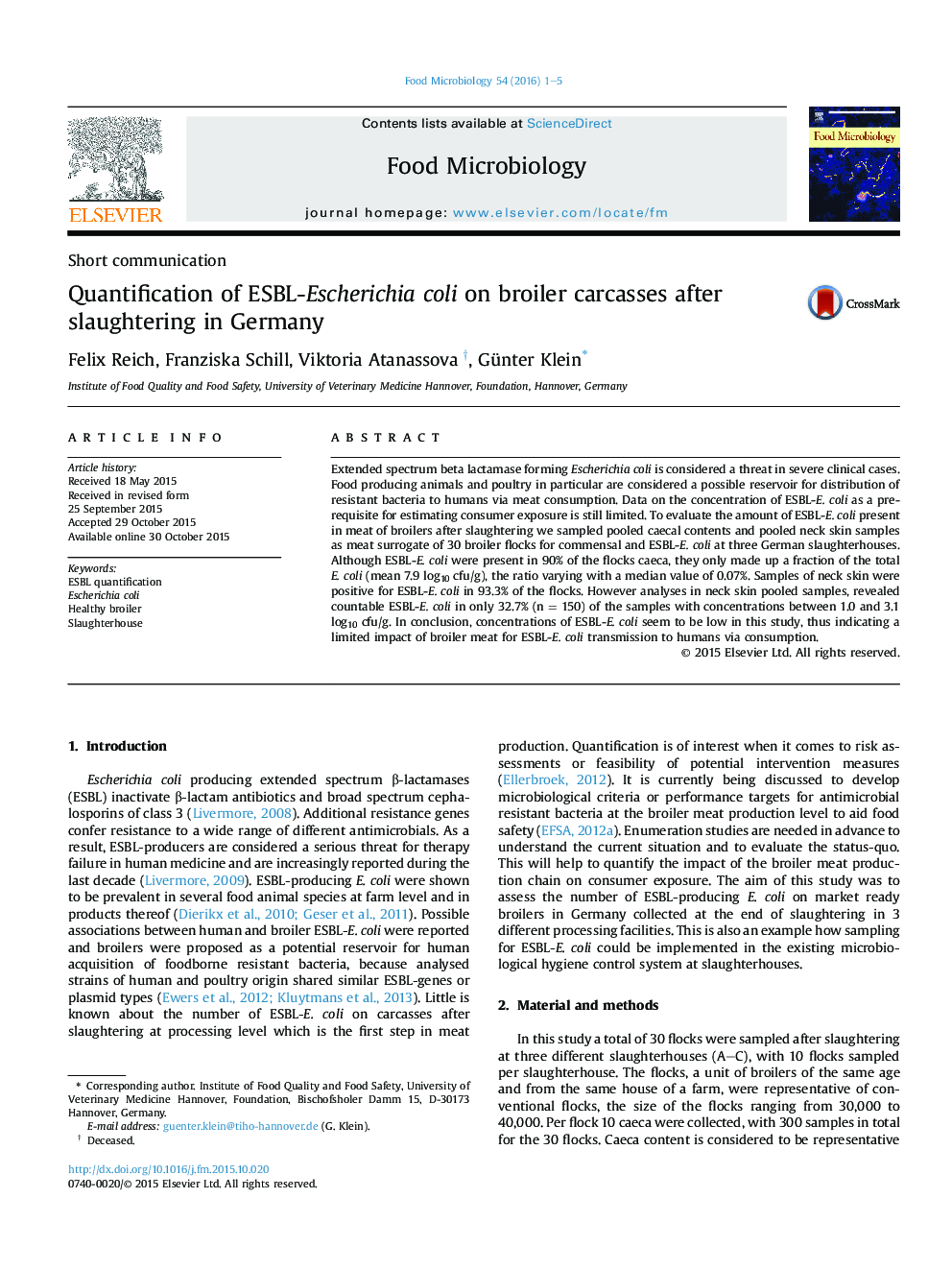 Quantification of ESBL-Escherichia coli on broiler carcasses after slaughtering in Germany