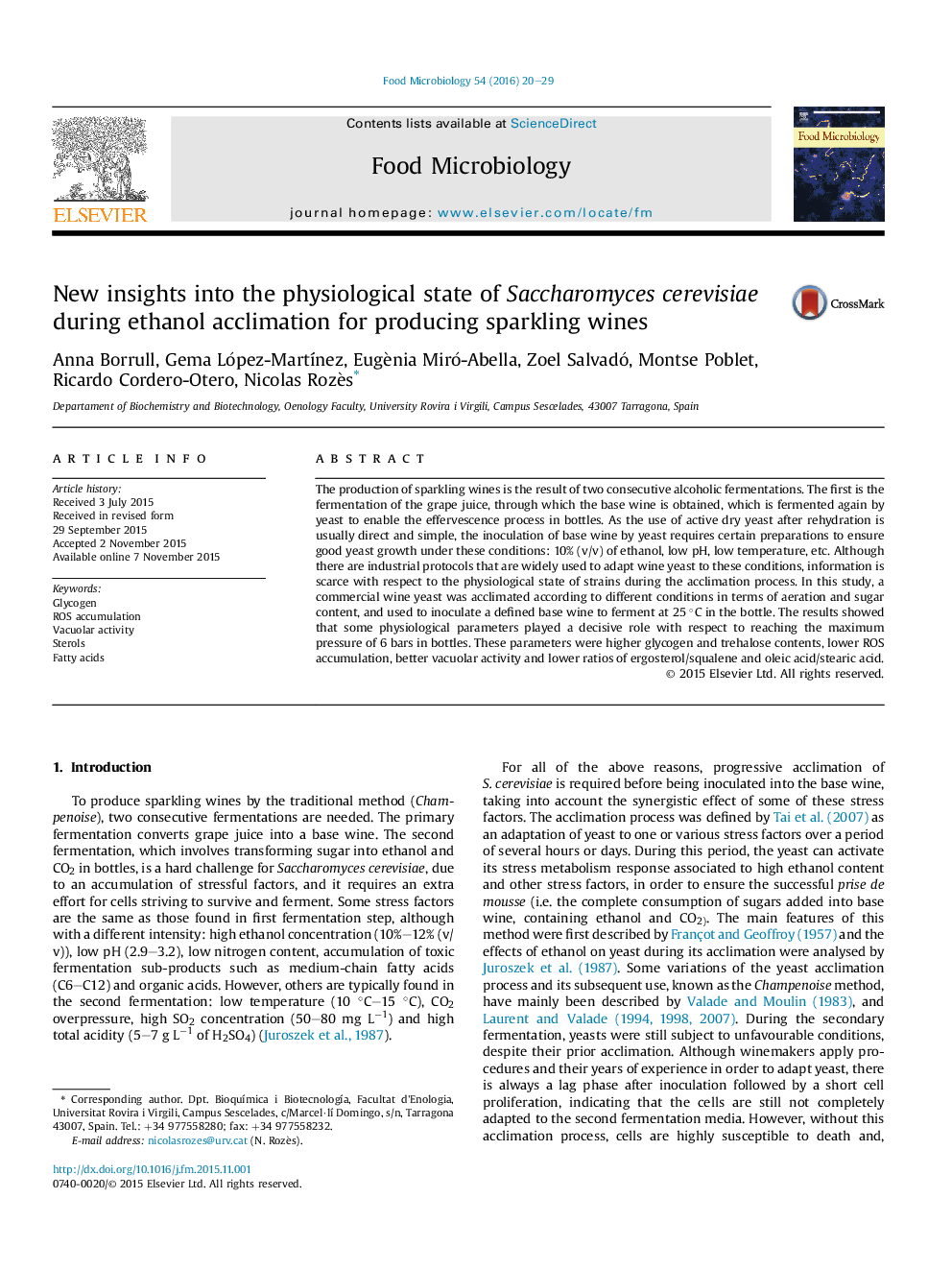 New insights into the physiological state of Saccharomyces cerevisiae during ethanol acclimation for producing sparkling wines