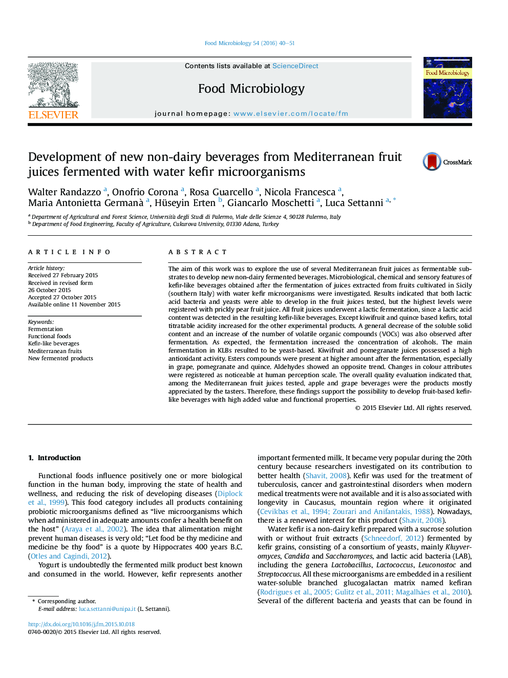 Development of new non-dairy beverages from Mediterranean fruit juices fermented with water kefir microorganisms