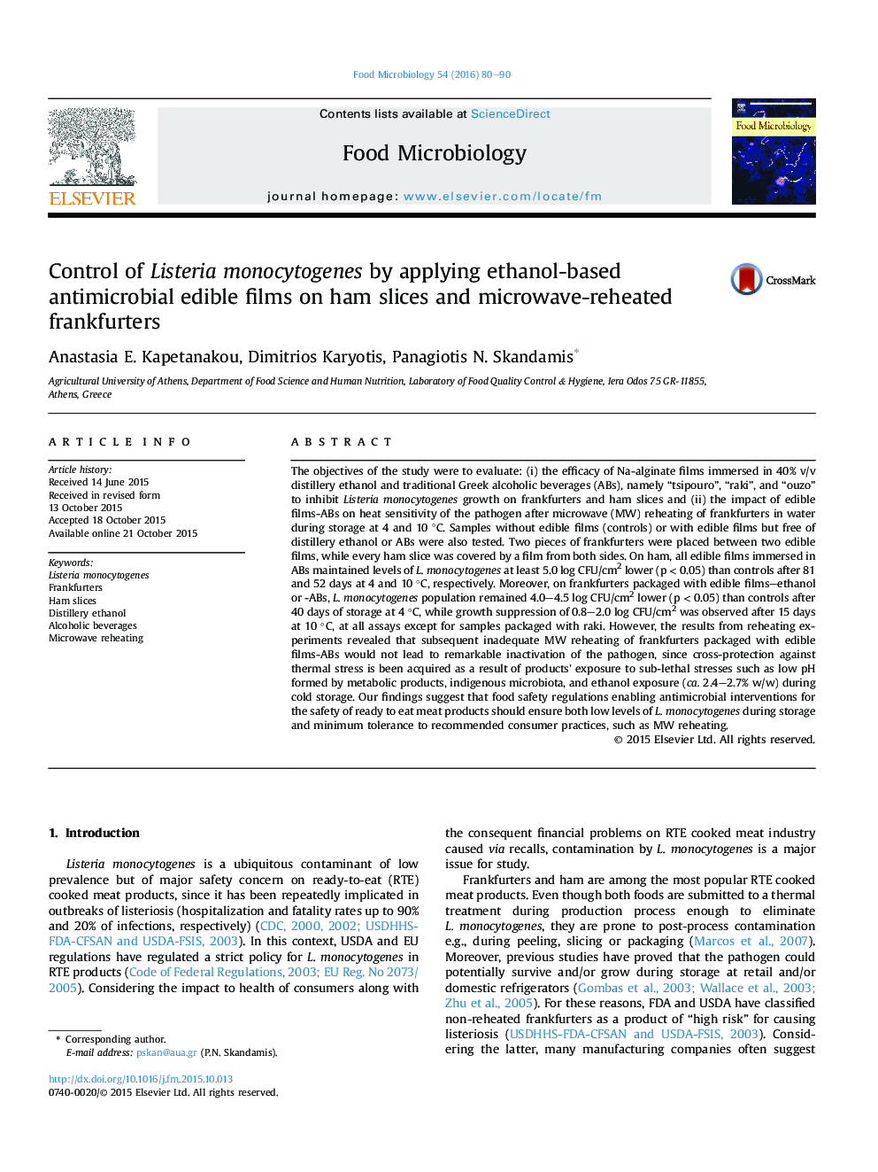 Control of Listeria monocytogenes by applying ethanol-based antimicrobial edible films on ham slices and microwave-reheated frankfurters