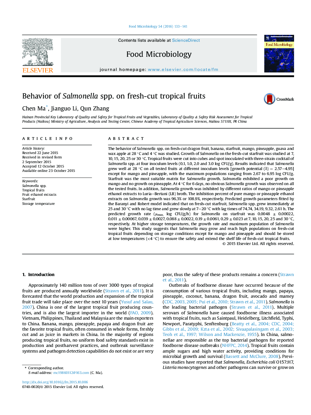 Behavior of Salmonella spp. on fresh-cut tropical fruits