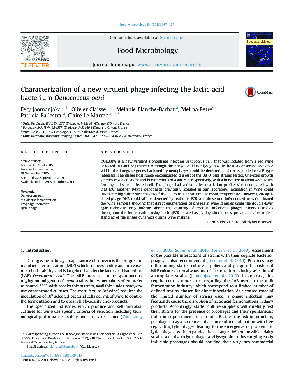 Characterization of a new virulent phage infecting the lactic acid bacterium Oenococcus oeni