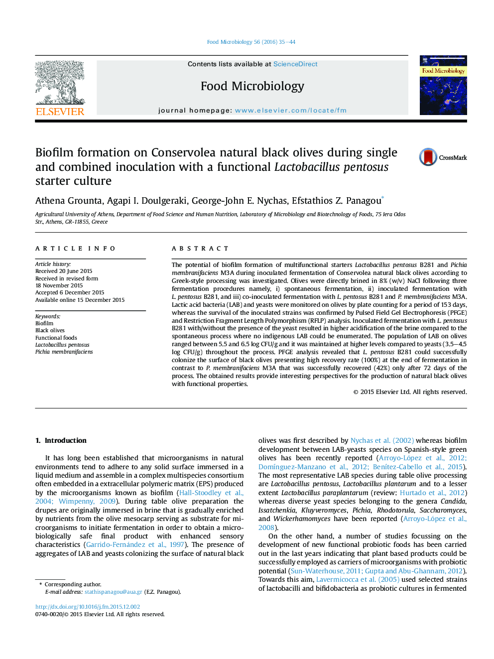 Biofilm formation on Conservolea natural black olives during single and combined inoculation with a functional Lactobacillus pentosus starter culture