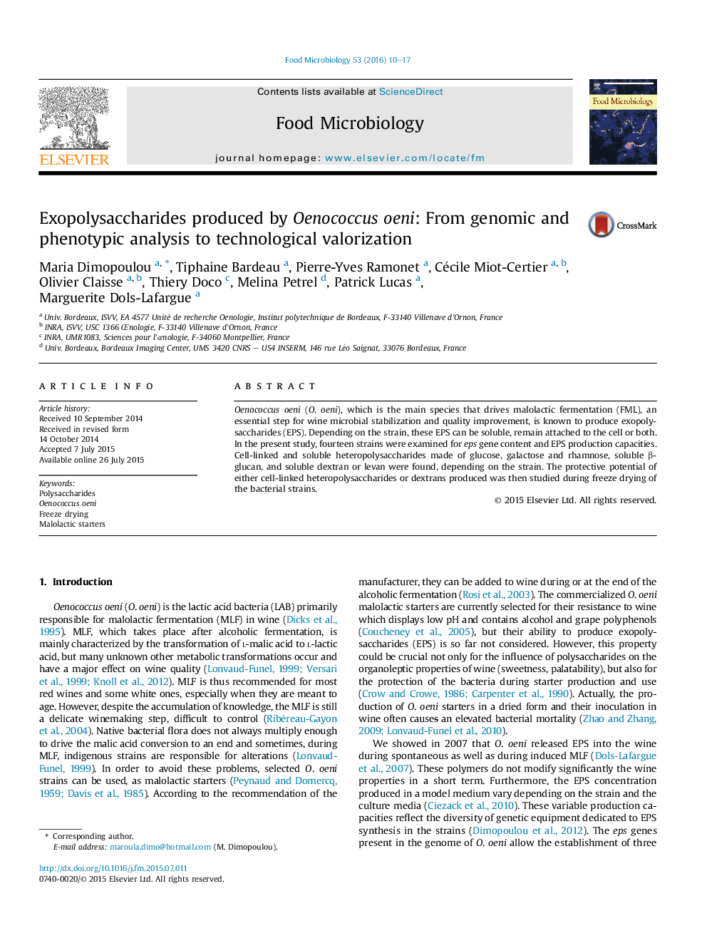 Exopolysaccharides produced by Oenococcus oeni: From genomic and phenotypic analysis to technological valorization