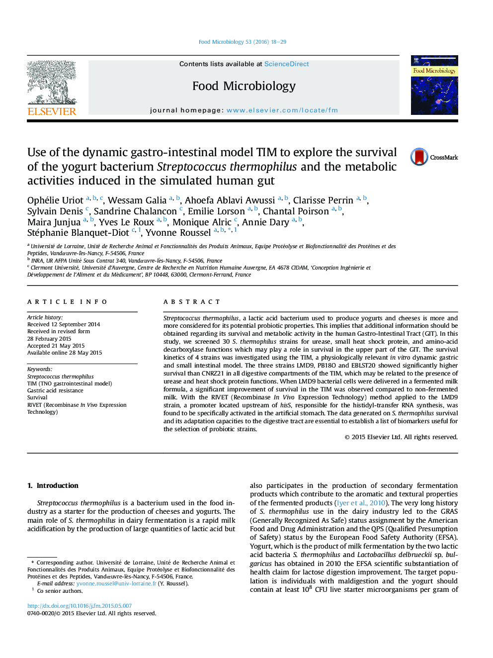 Use of the dynamic gastro-intestinal model TIM to explore the survival of the yogurt bacterium Streptococcus thermophilus and the metabolic activities induced in the simulated human gut