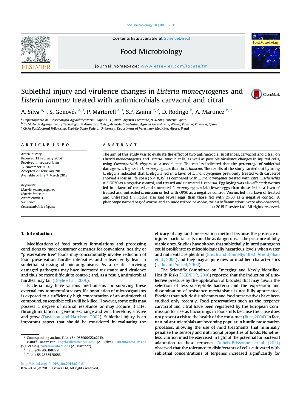 Sublethal injury and virulence changes in Listeria monocytogenes and Listeria innocua treated with antimicrobials carvacrol and citral