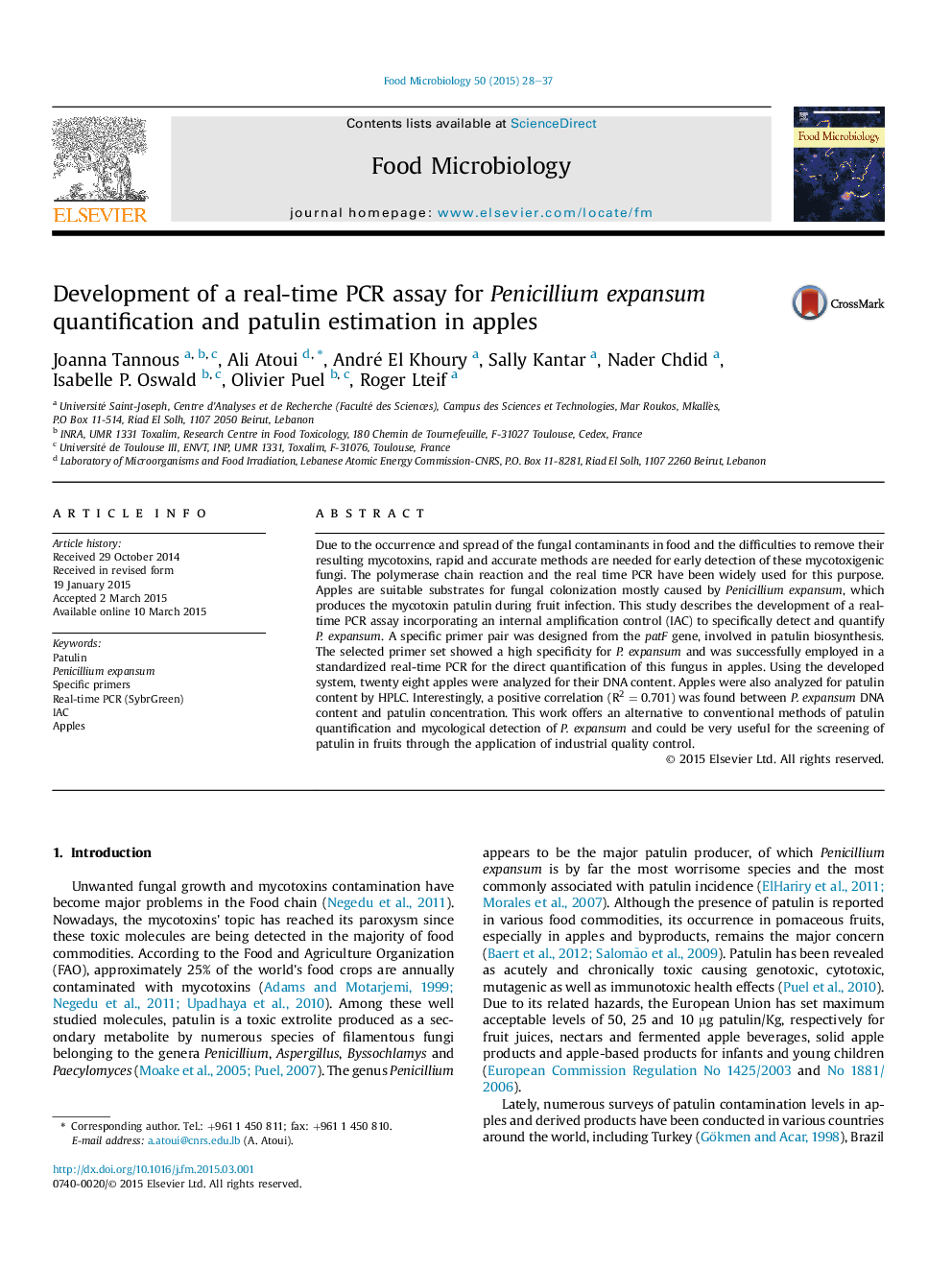 Development of a real-time PCR assay for Penicillium expansum quantification and patulin estimation in apples