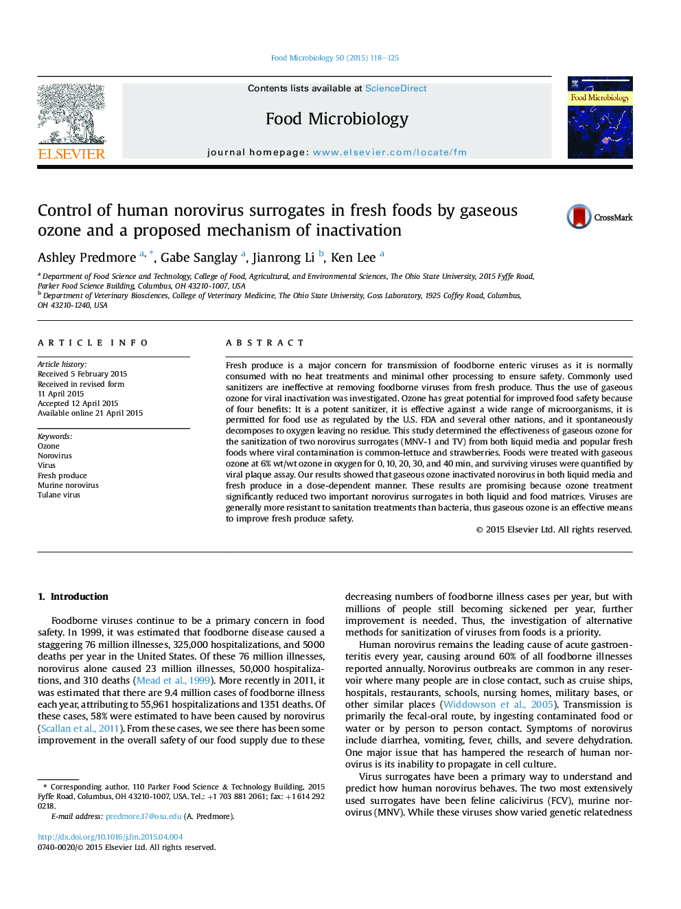 Control of human norovirus surrogates in fresh foods by gaseous ozone and a proposed mechanism of inactivation