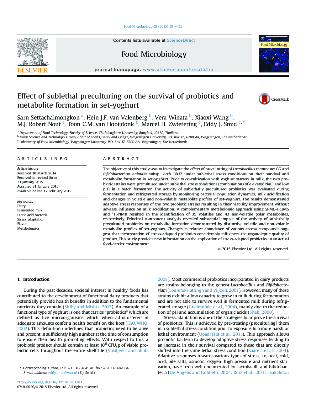 Effect of sublethal preculturing on the survival of probiotics and metabolite formation in set-yoghurt