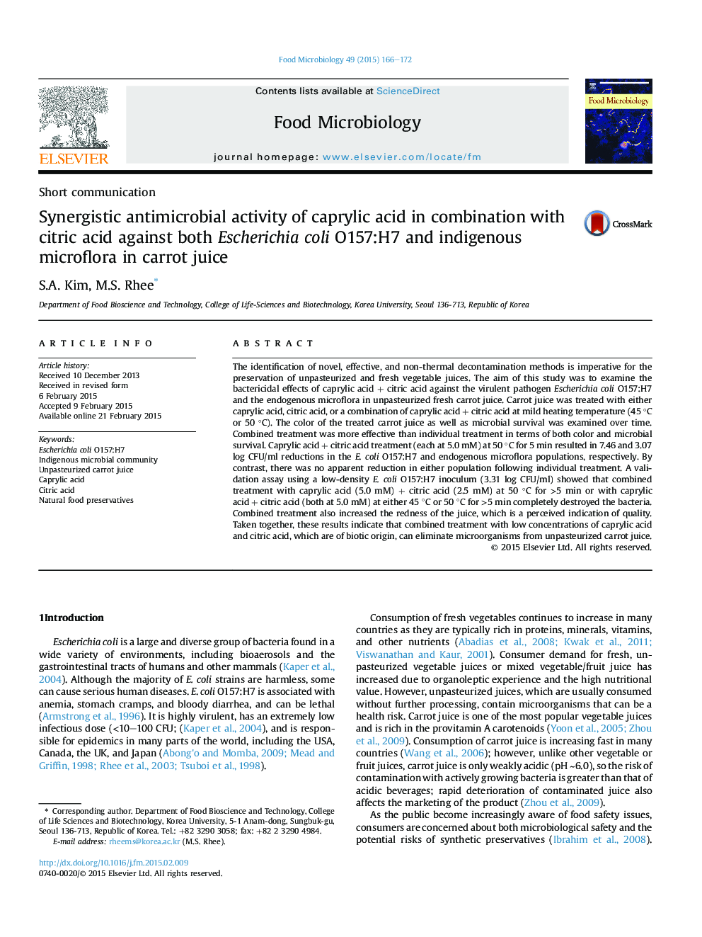 Synergistic antimicrobial activity of caprylic acid in combination with citric acid against both Escherichia coli O157:H7 and indigenous microflora in carrot juice