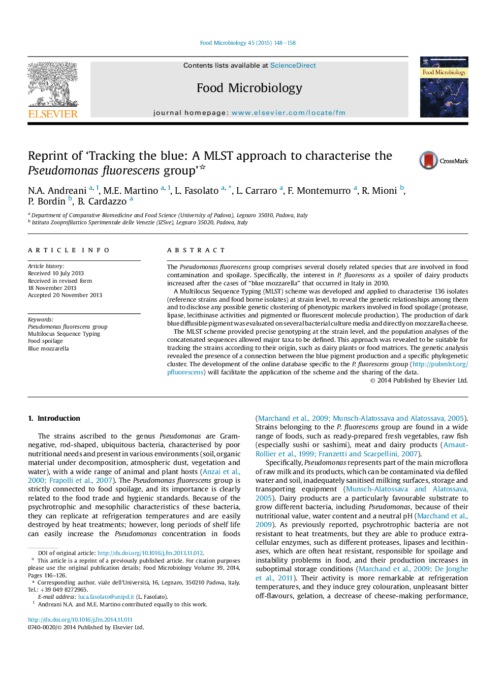 Reprint of ‘Tracking the blue: A MLST approach to characterise the Pseudomonas fluorescens group’ 