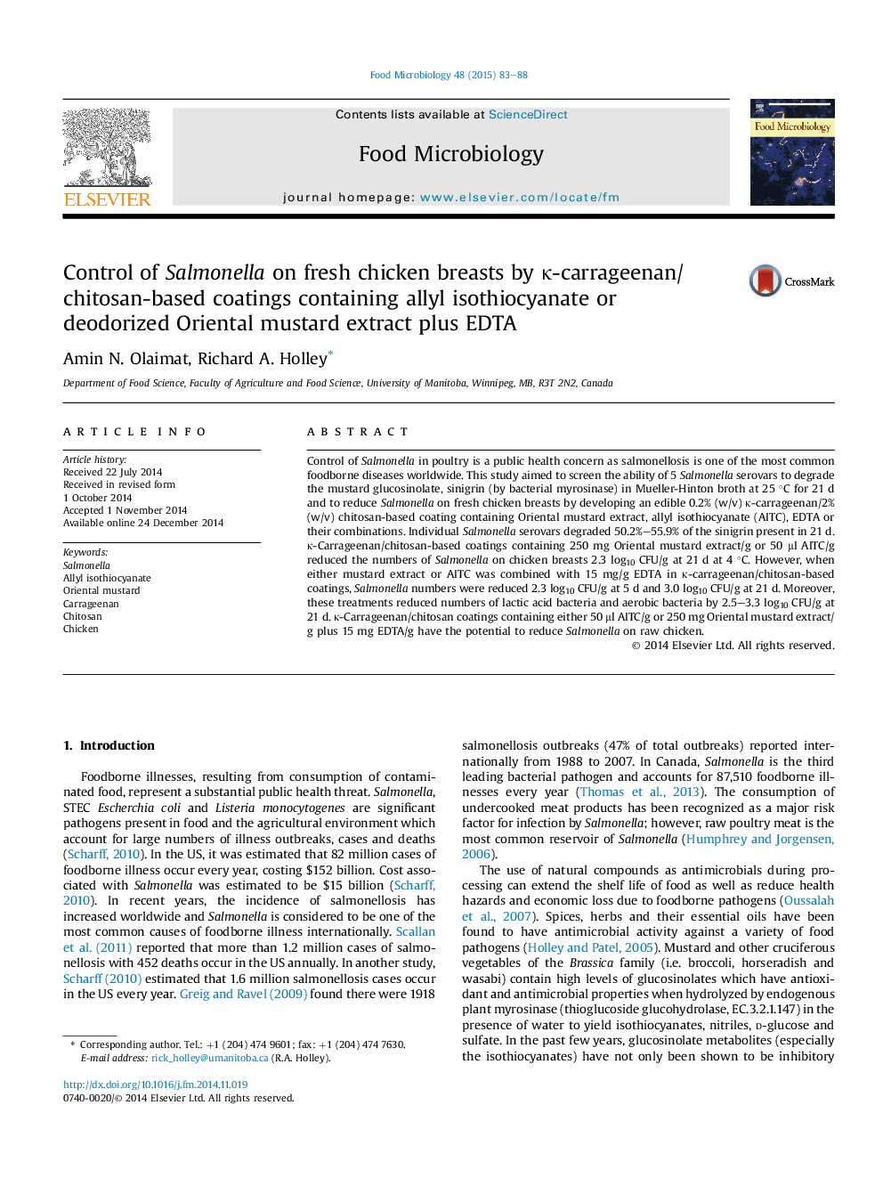 Control of Salmonella on fresh chicken breasts by κ-carrageenan/chitosan-based coatings containing allyl isothiocyanate or deodorized Oriental mustard extract plus EDTA