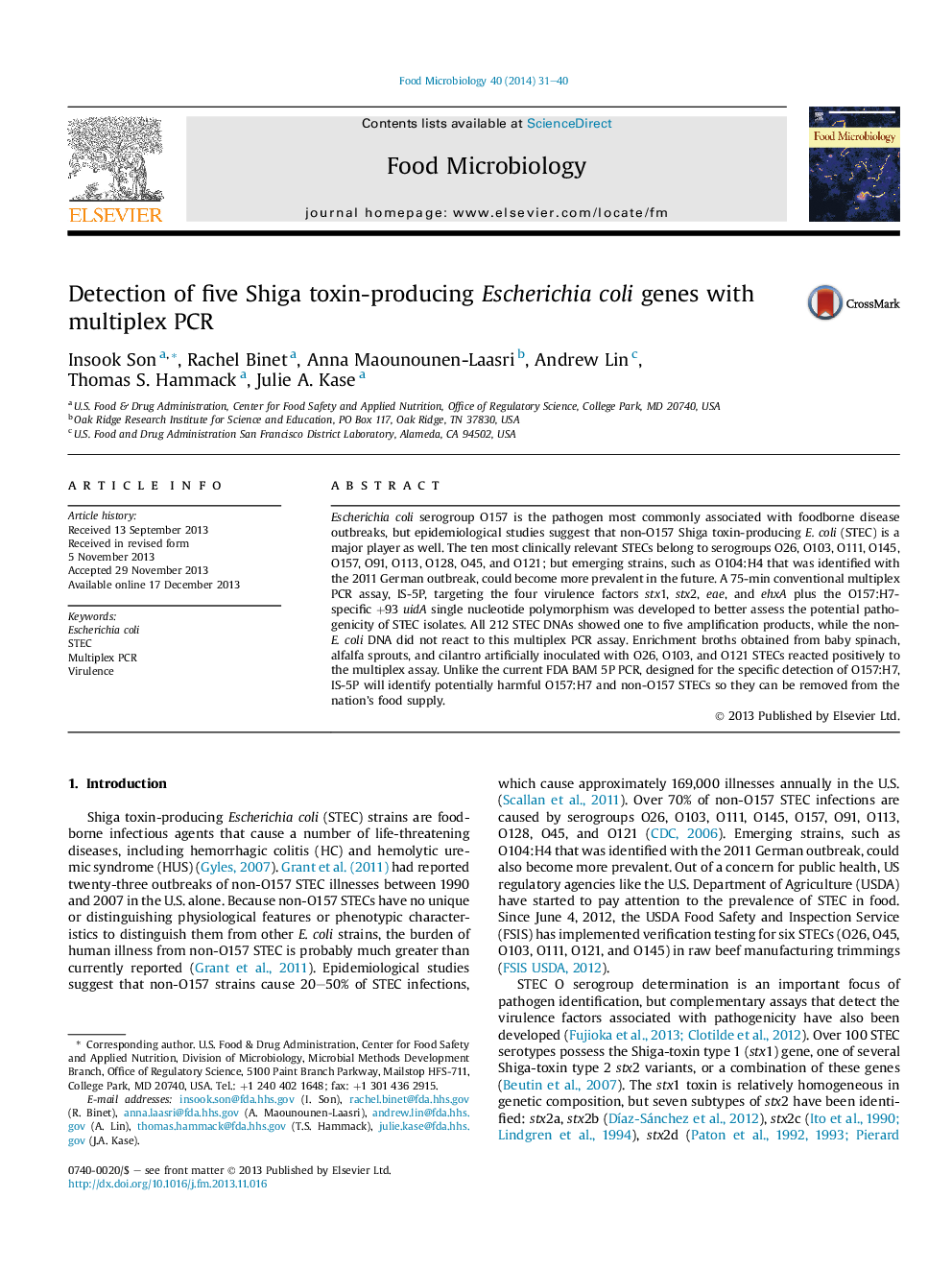 Detection of five Shiga toxin-producing Escherichia coli genes with multiplex PCR