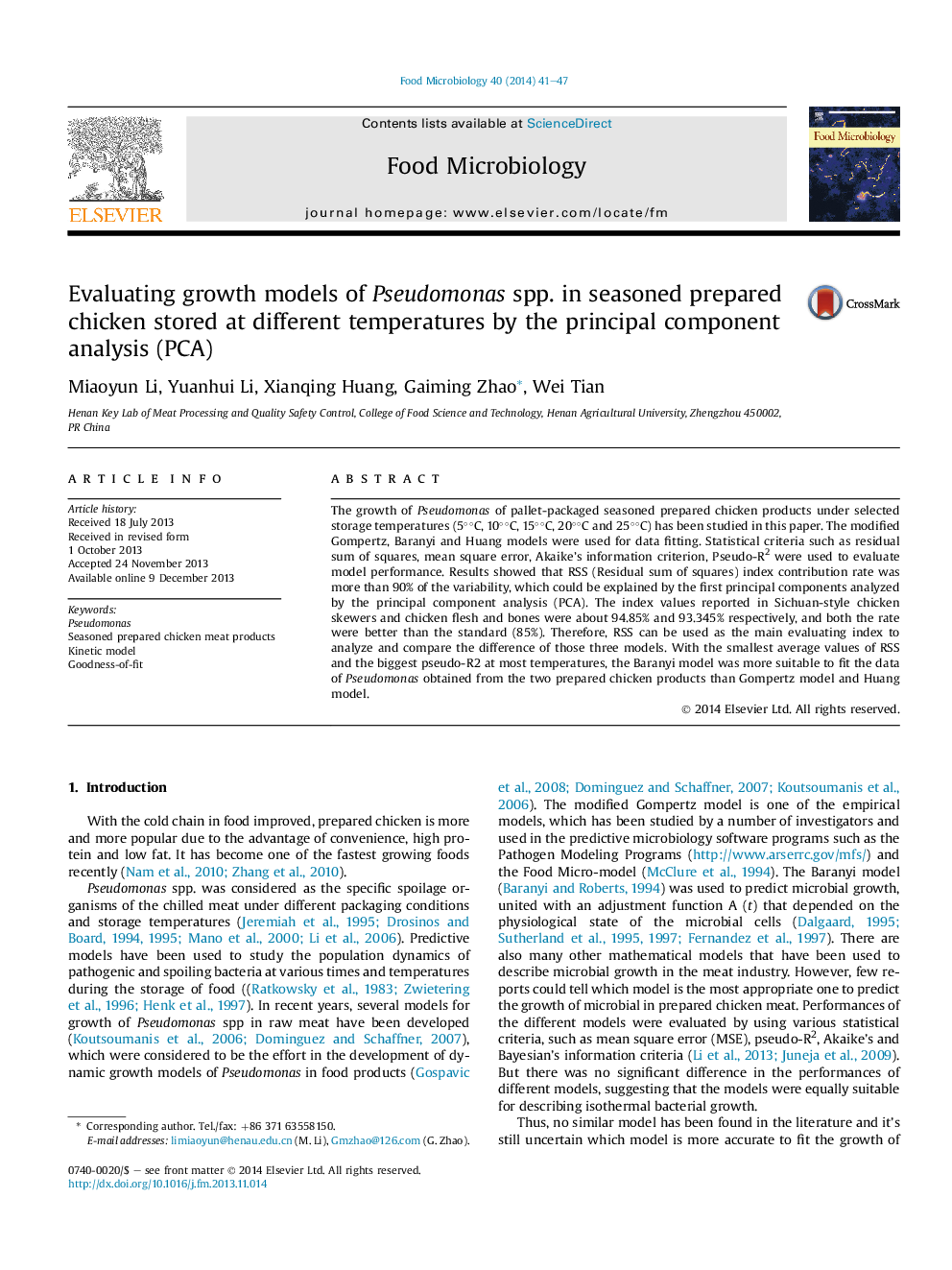 Evaluating growth models of Pseudomonas spp. in seasoned prepared chicken stored at different temperatures by the principal component analysis (PCA)