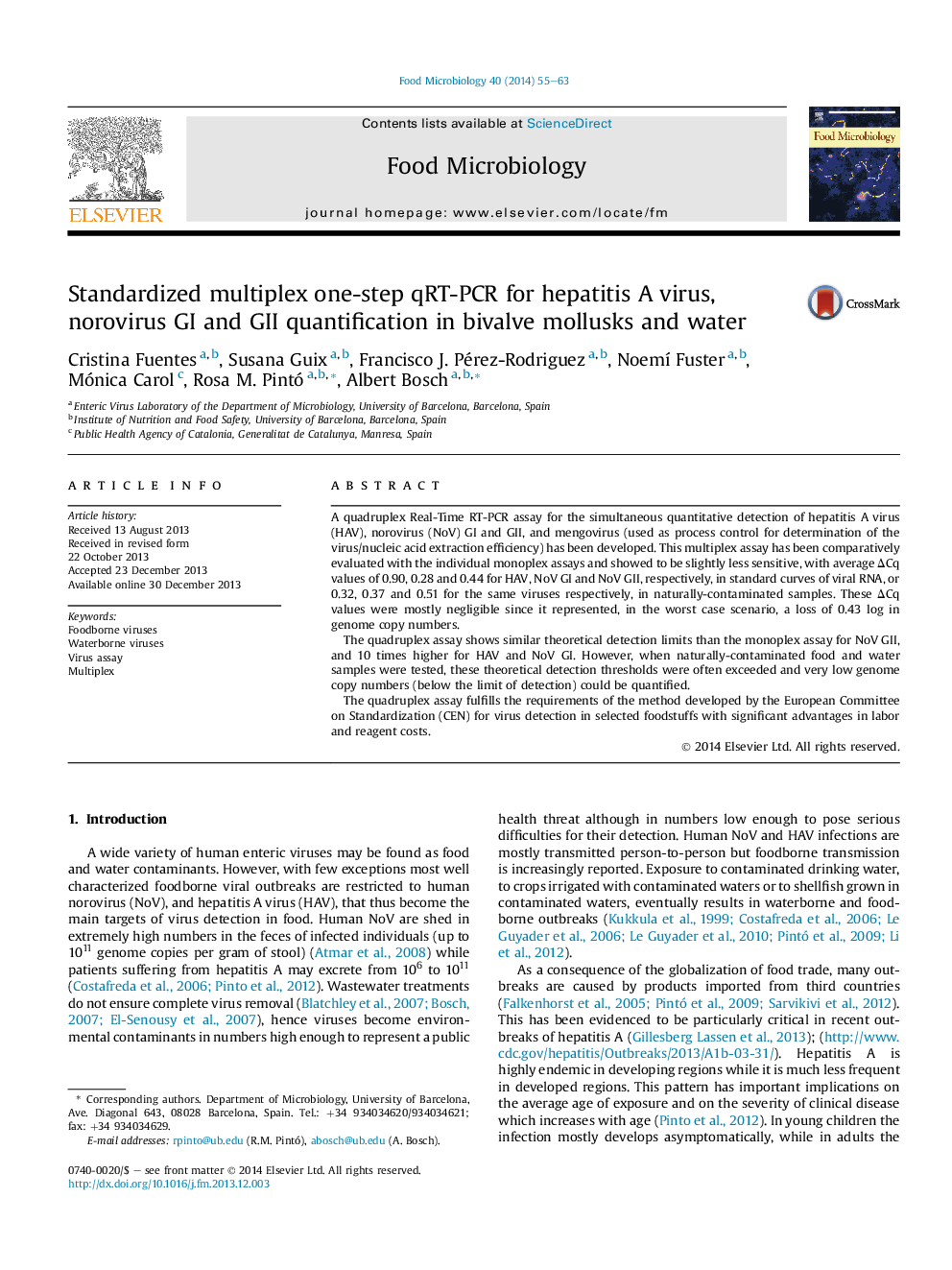 Standardized multiplex one-step qRT-PCR for hepatitis A virus, norovirus GI and GII quantification in bivalve mollusks and water