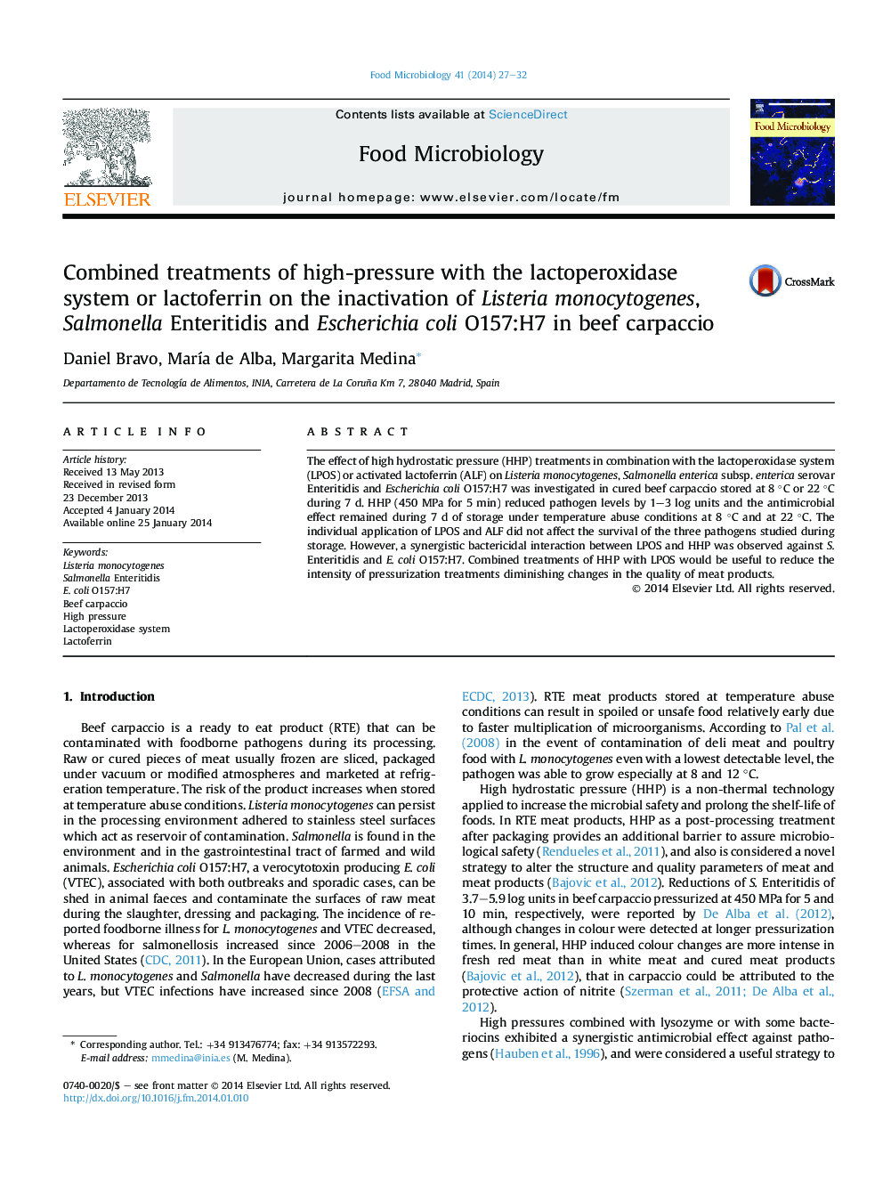 Combined treatments of high-pressure with the lactoperoxidase system or lactoferrin on the inactivation of Listeria monocytogenes, Salmonella Enteritidis and Escherichia coli O157:H7 in beef carpaccio