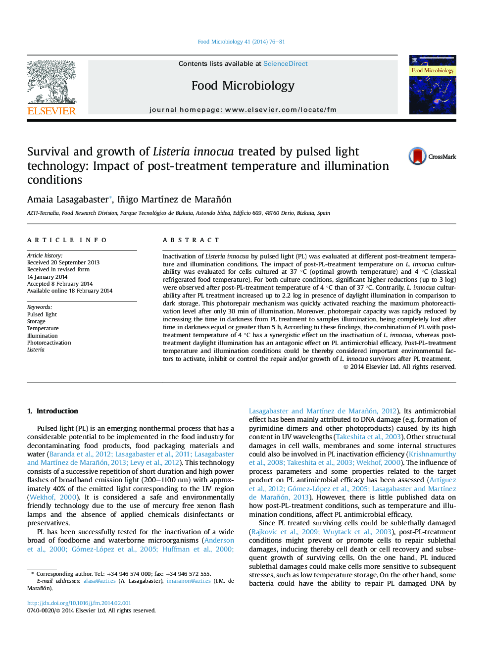 Survival and growth of Listeria innocua treated by pulsed light technology: Impact of post-treatment temperature and illumination conditions