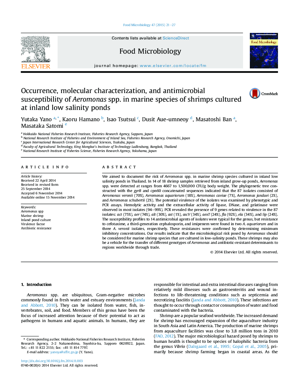 Occurrence, molecular characterization, and antimicrobial susceptibility of Aeromonas spp. in marine species of shrimps cultured at inland low salinity ponds