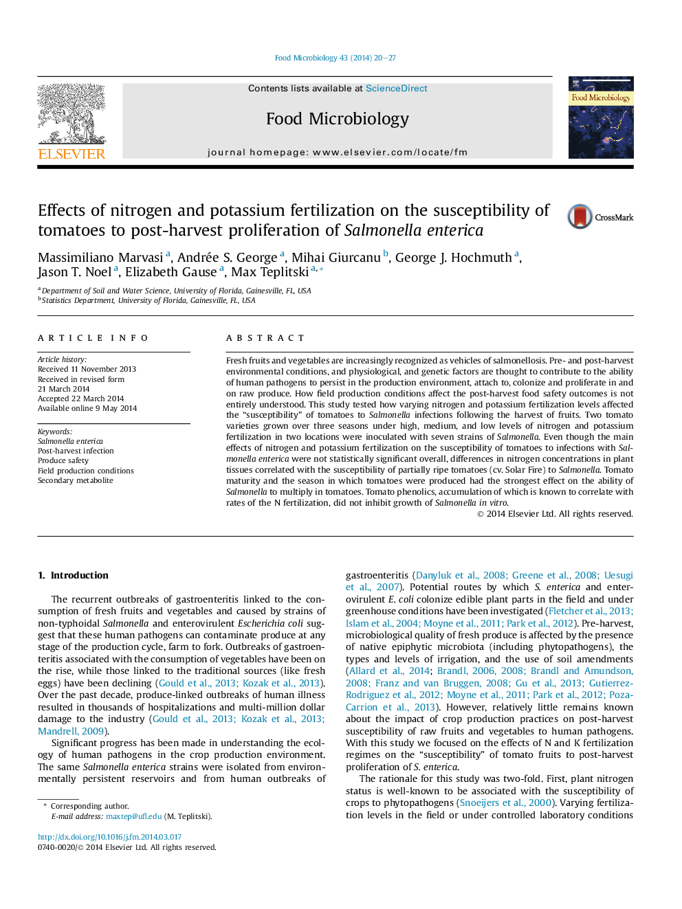 Effects of nitrogen and potassium fertilization on the susceptibility of tomatoes to post-harvest proliferation of Salmonella enterica