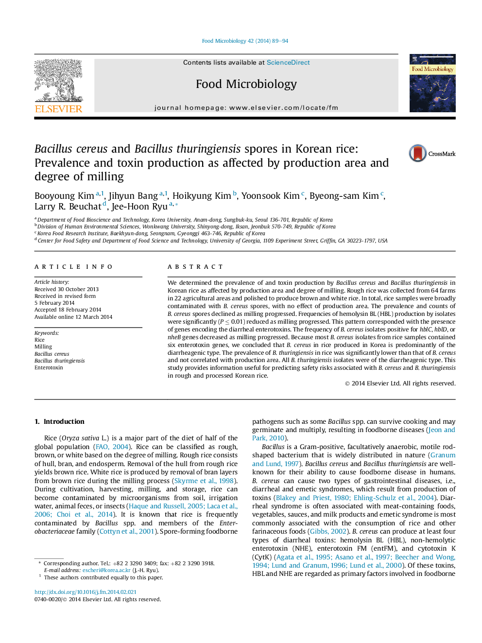 Bacillus cereus and Bacillus thuringiensis spores in Korean rice: Prevalence and toxin production as affected by production area and degree of milling