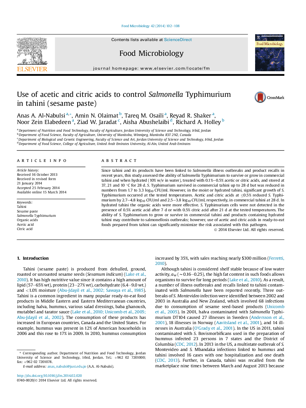 Use of acetic and citric acids to control Salmonella Typhimurium in tahini (sesame paste)