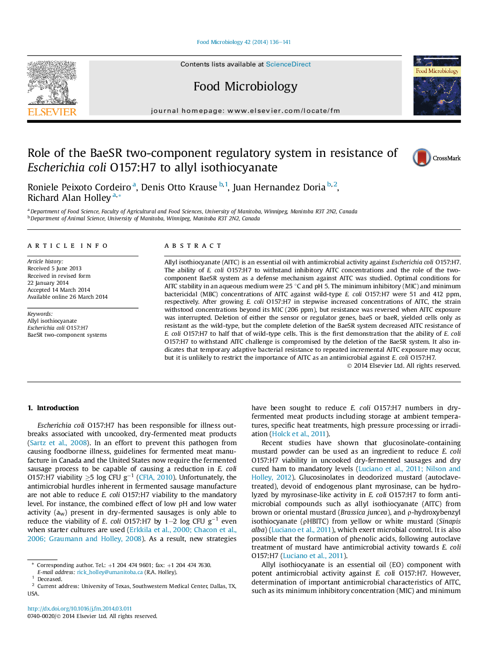 Role of the BaeSR two-component regulatory system in resistance of Escherichia coli O157:H7 to allyl isothiocyanate