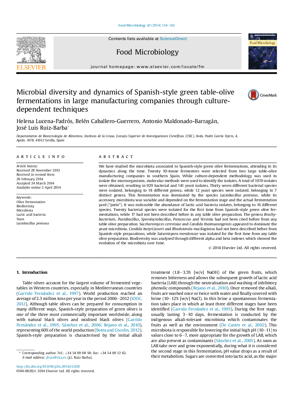 Microbial diversity and dynamics of Spanish-style green table-olive fermentations in large manufacturing companies through culture-dependent techniques