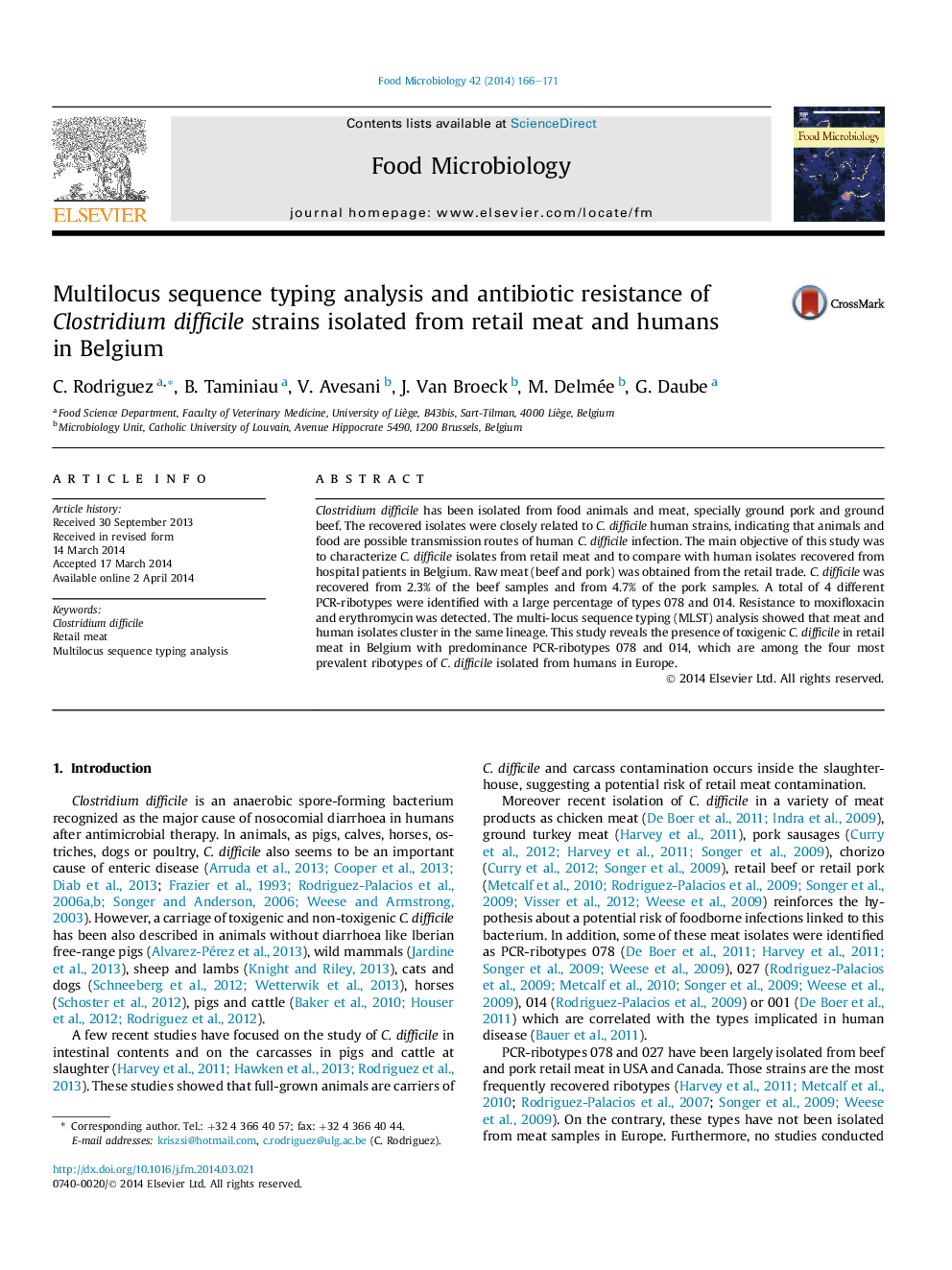 Multilocus sequence typing analysis and antibiotic resistance of Clostridium difficile strains isolated from retail meat and humans in Belgium