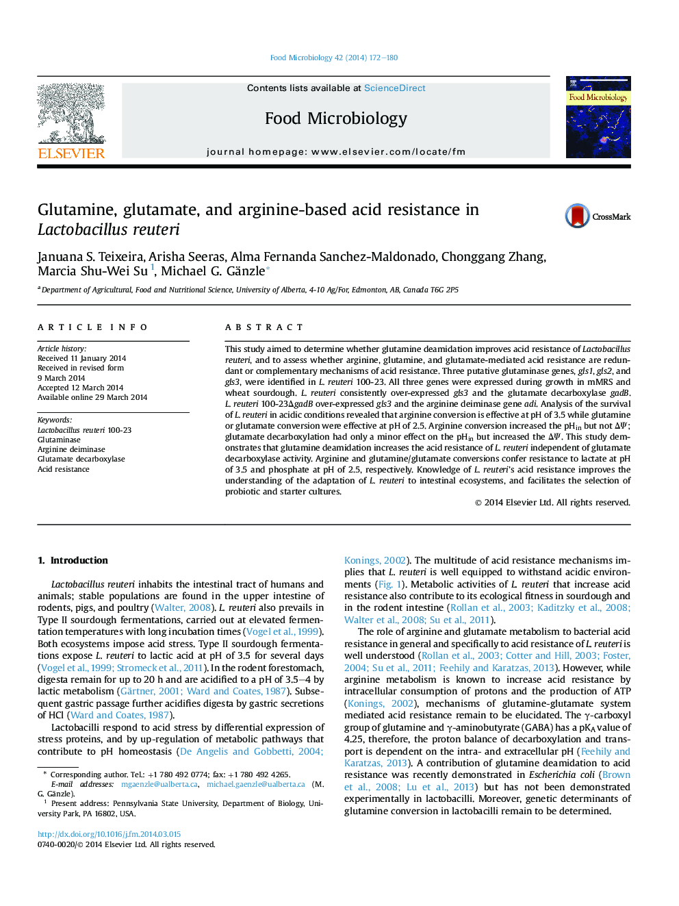 Glutamine, glutamate, and arginine-based acid resistance in Lactobacillus reuteri