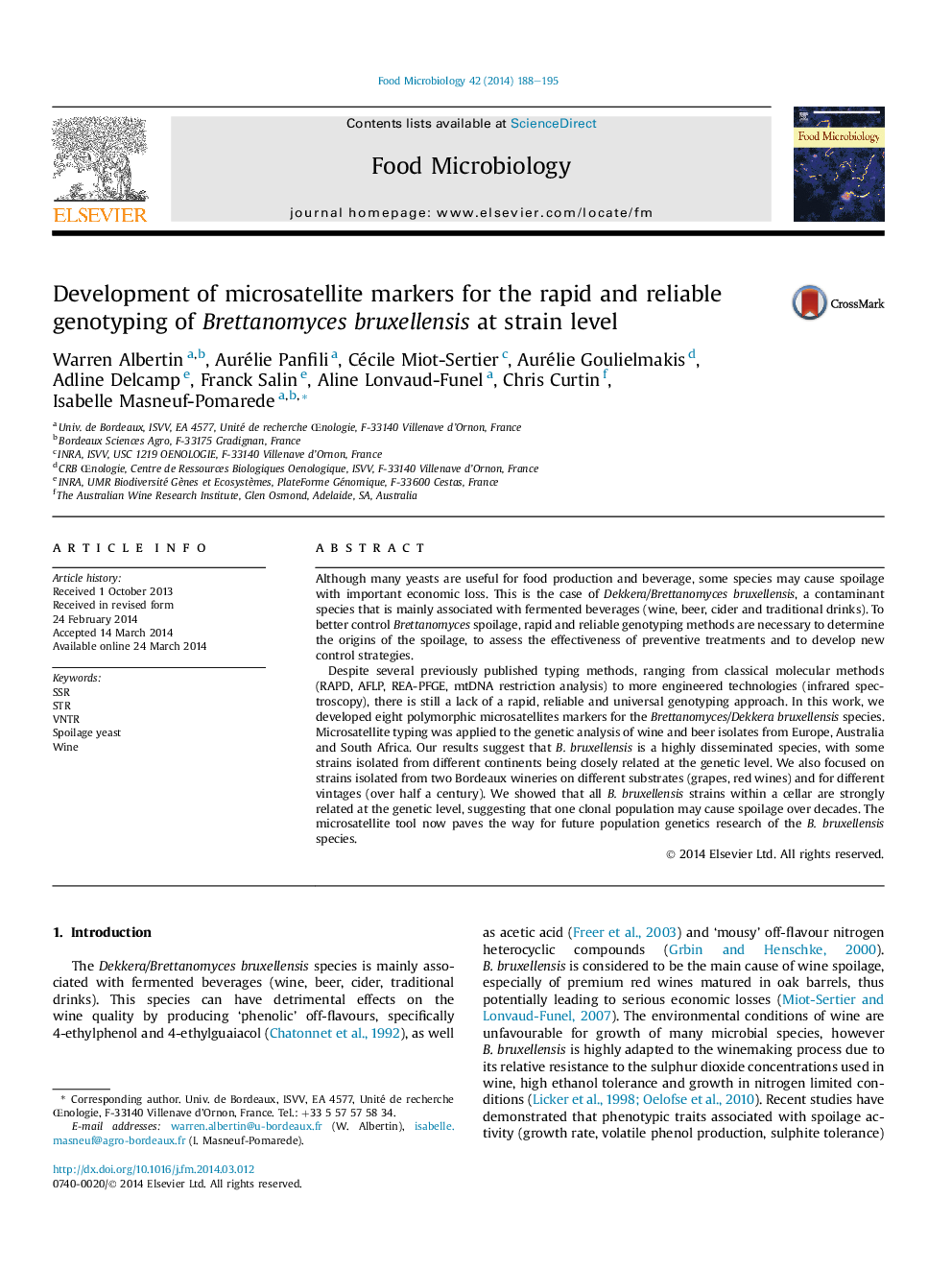 Development of microsatellite markers for the rapid and reliable genotyping of Brettanomyces bruxellensis at strain level