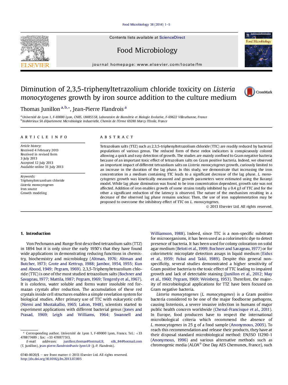 Diminution of 2,3,5-triphenyltetrazolium chloride toxicity on Listeria monocytogenes growth by iron source addition to the culture medium