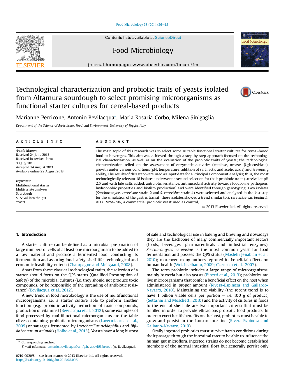 Technological characterization and probiotic traits of yeasts isolated from Altamura sourdough to select promising microorganisms as functional starter cultures for cereal-based products