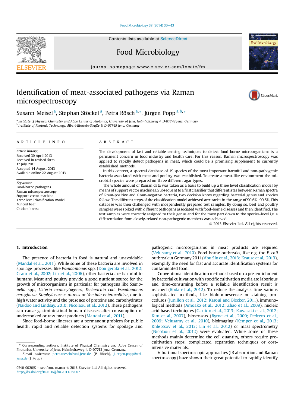 Identification of meat-associated pathogens via Raman microspectroscopy