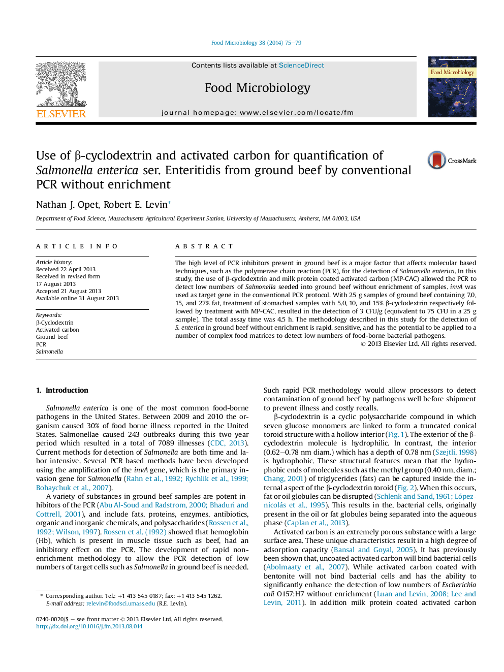 Use of β-cyclodextrin and activated carbon for quantification of Salmonella enterica ser. Enteritidis from ground beef by conventional PCR without enrichment