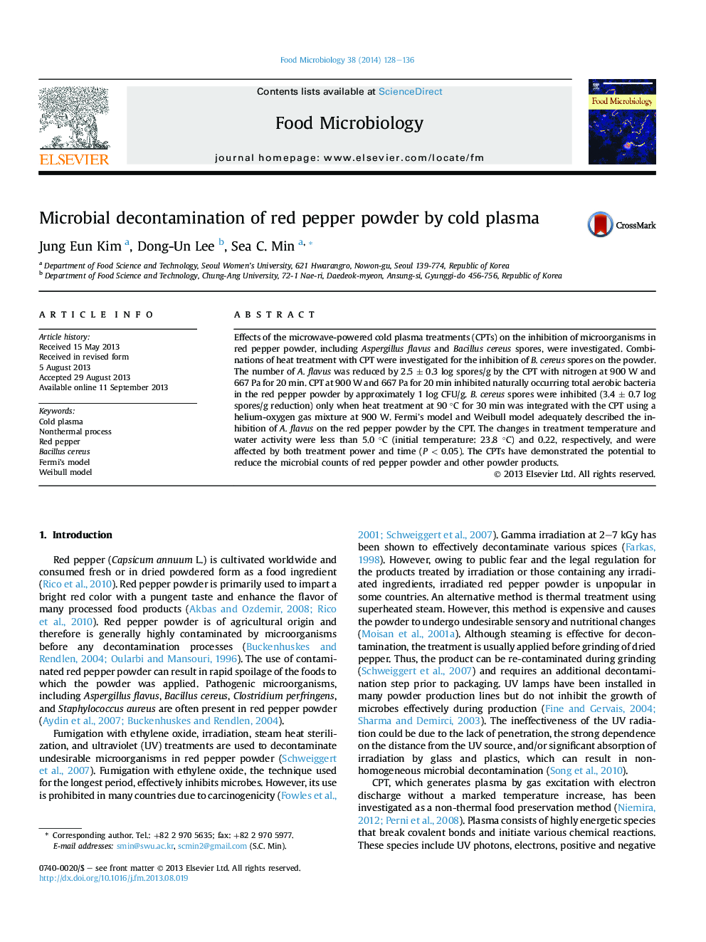 Microbial decontamination of red pepper powder by cold plasma