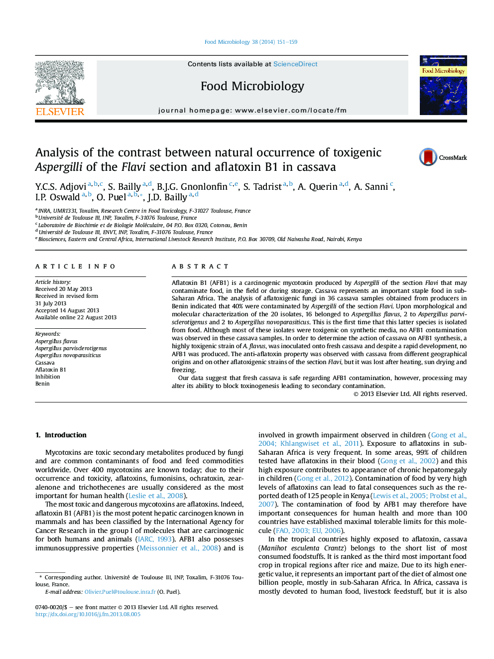 Analysis of the contrast between natural occurrence of toxigenic Aspergilli of the Flavi section and aflatoxin B1 in cassava