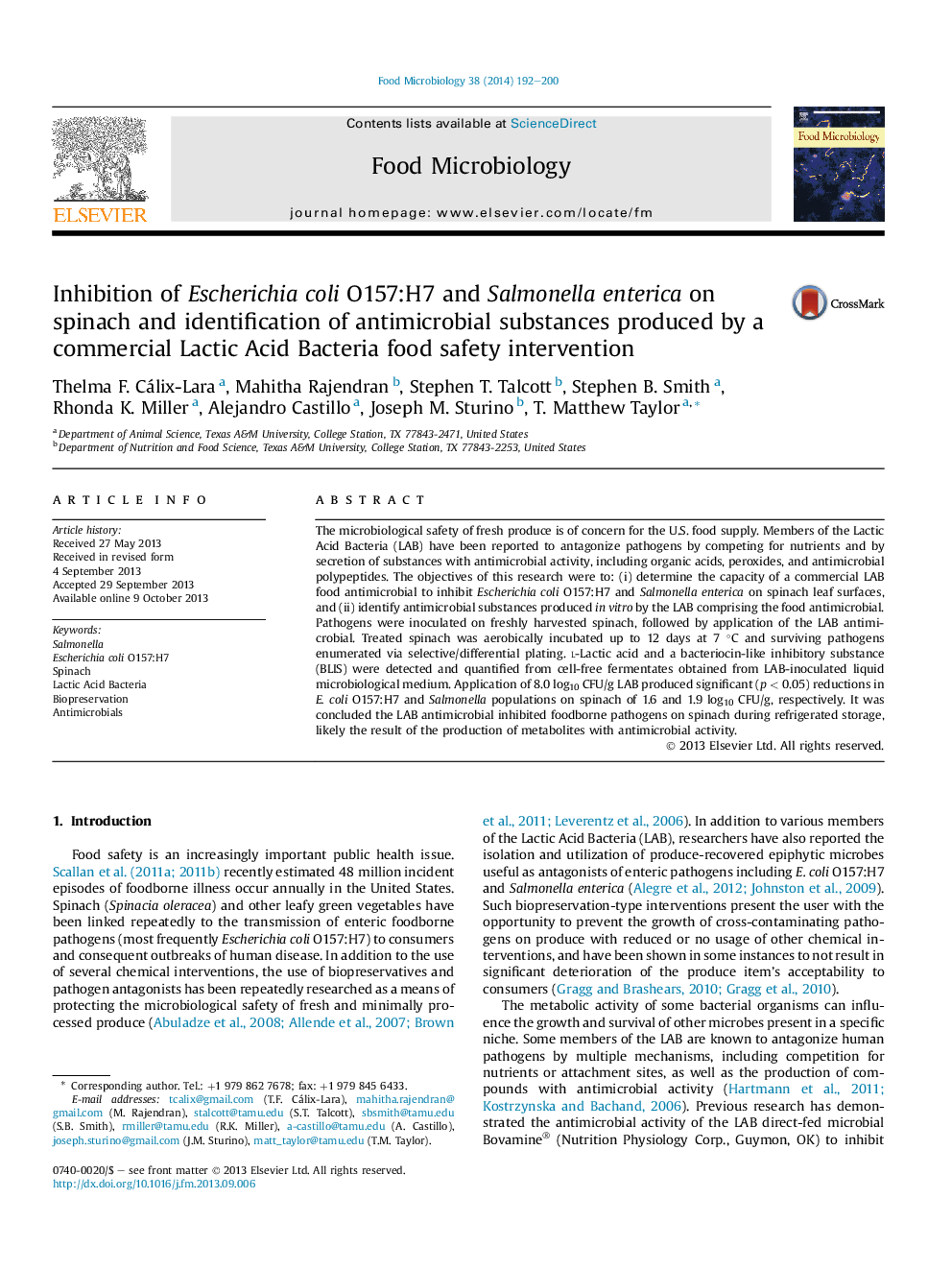 Inhibition of Escherichia coli O157:H7 and Salmonella enterica on spinach and identification of antimicrobial substances produced by a commercial Lactic Acid Bacteria food safety intervention