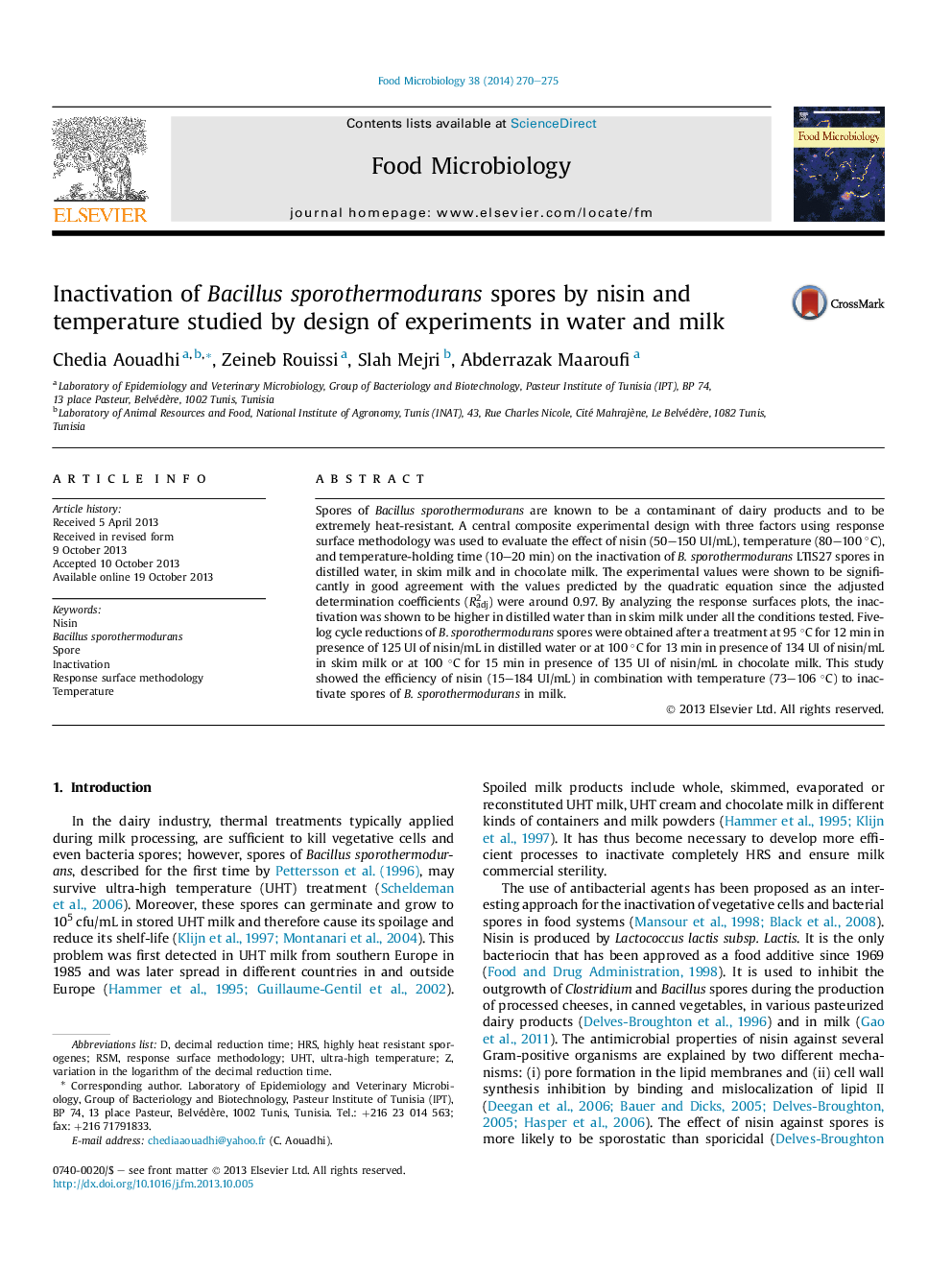 Inactivation of Bacillus sporothermodurans spores by nisin and temperature studied by design of experiments in water and milk