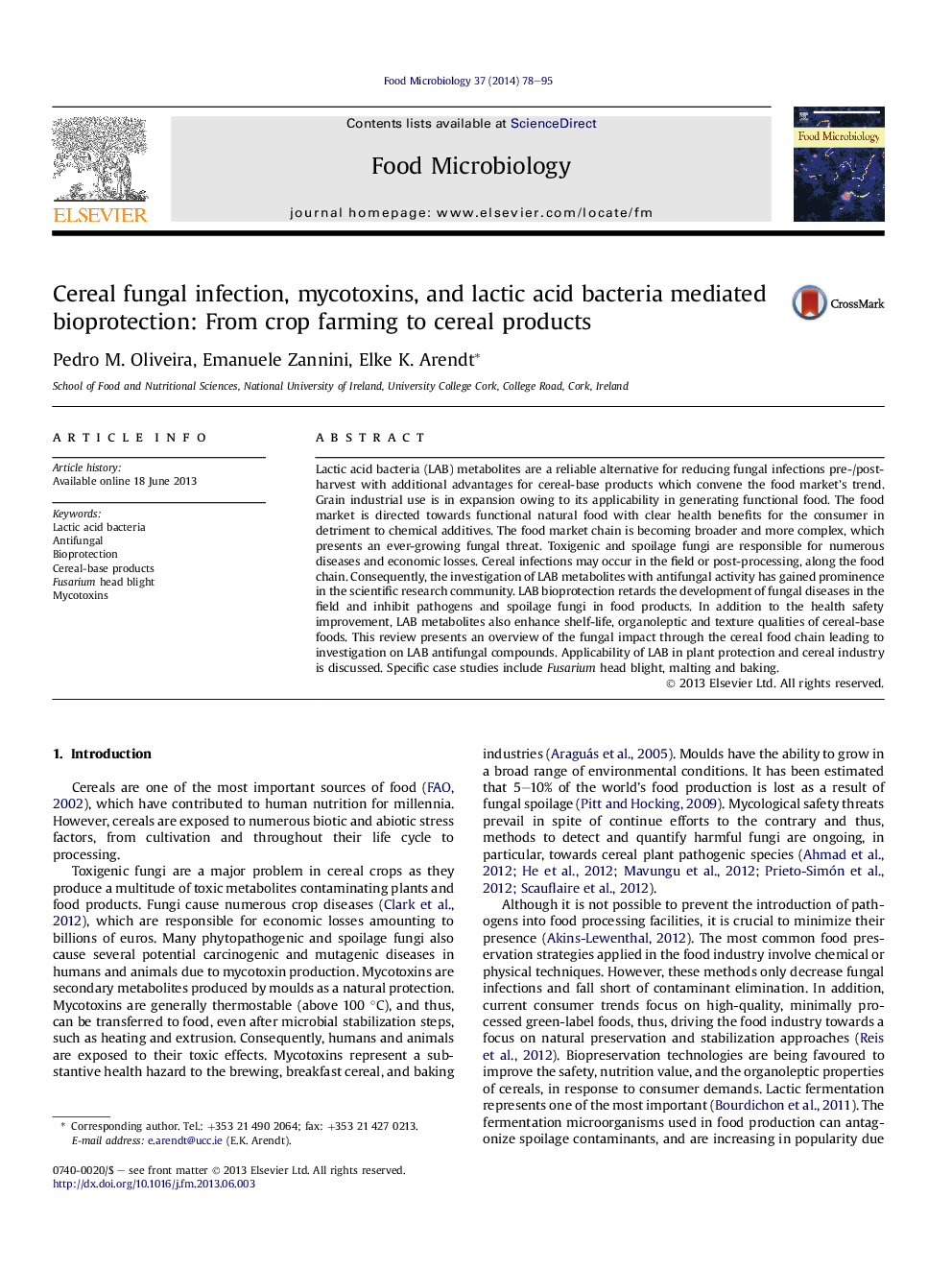 Cereal fungal infection, mycotoxins, and lactic acid bacteria mediated bioprotection: From crop farming to cereal products