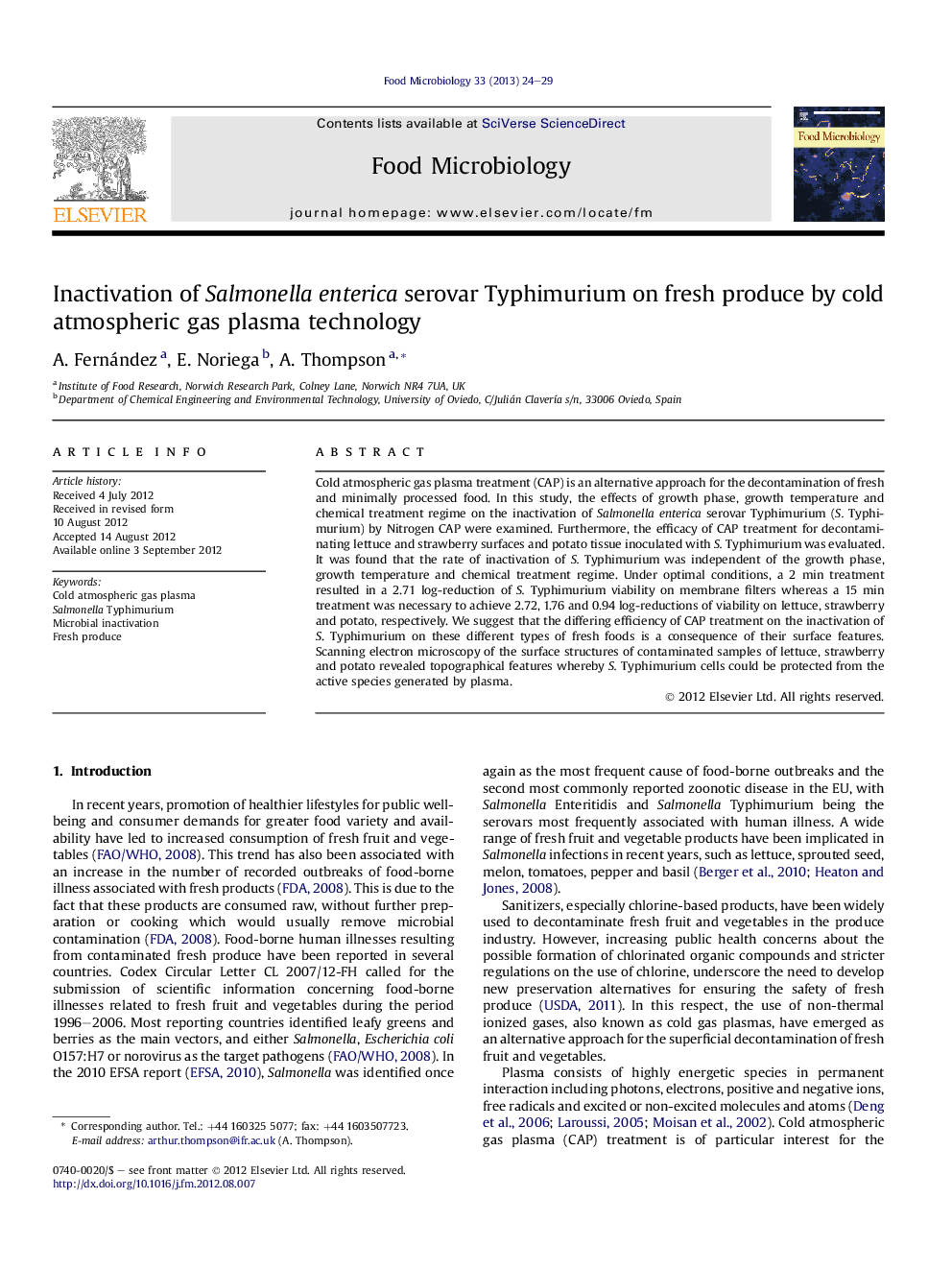 Inactivation of Salmonella enterica serovar Typhimurium on fresh produce by cold atmospheric gas plasma technology