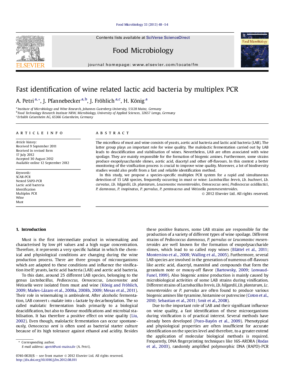 Fast identification of wine related lactic acid bacteria by multiplex PCR