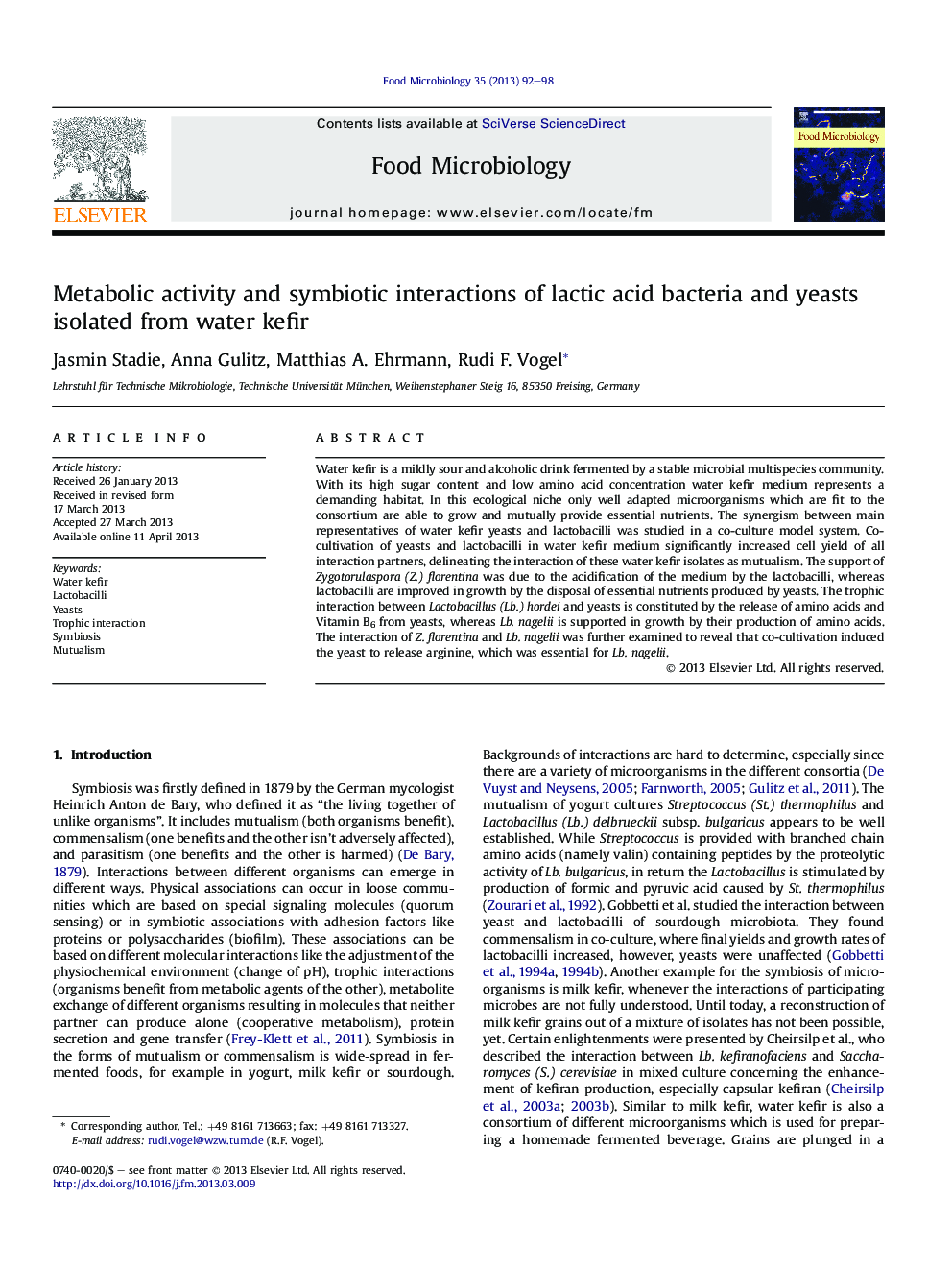 Metabolic activity and symbiotic interactions of lactic acid bacteria and yeasts isolated from water kefir