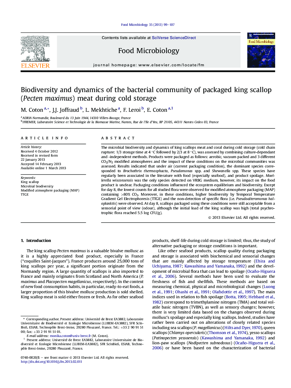 Biodiversity and dynamics of the bacterial community of packaged king scallop (Pecten maximus) meat during cold storage