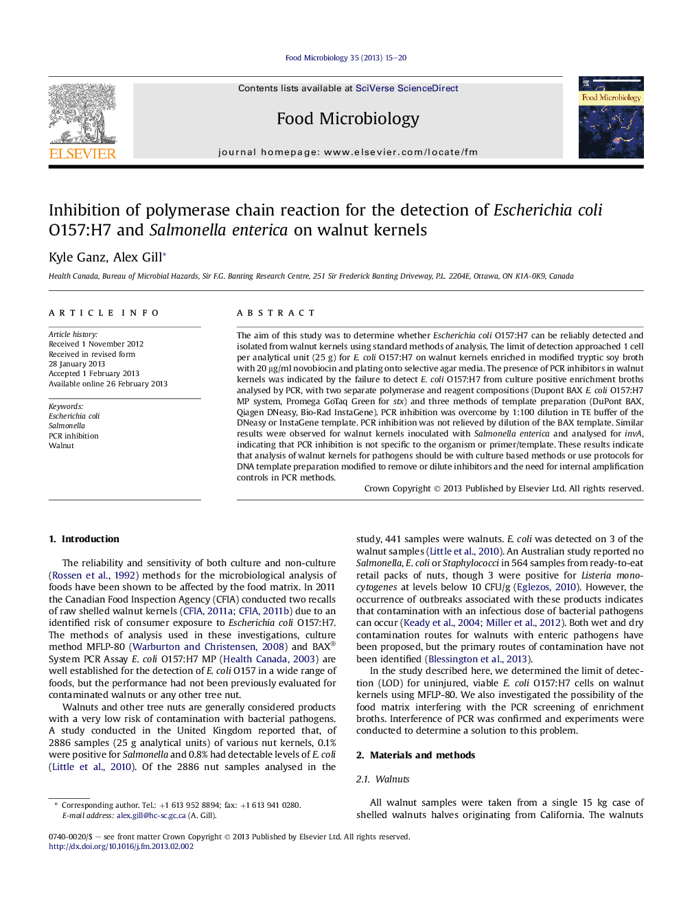 عکس صفحه اول مقاله: Inhibition of polymerase chain reaction for the detection of Escherichia coli O157:H7 and Salmonella enterica on walnut kernels Inhibition of polymerase chain reaction for the detection of Escherichia coli O157:H7 and Salmonella enterica on walnut kernels