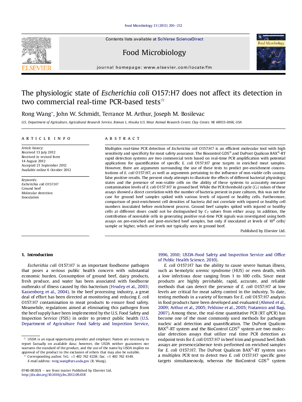 The physiologic state of Escherichia coli O157:H7 does not affect its detection in two commercial real-time PCR-based tests 