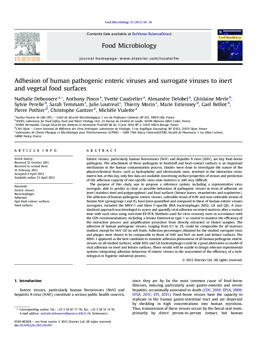 Adhesion of human pathogenic enteric viruses and surrogate viruses to inert and vegetal food surfaces