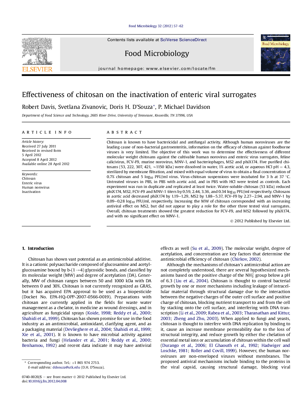 Effectiveness of chitosan on the inactivation of enteric viral surrogates