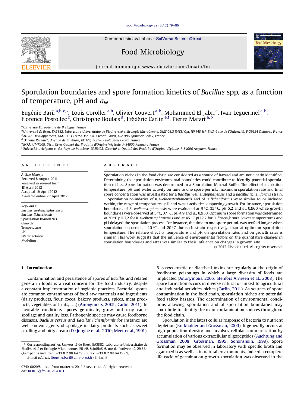 Sporulation boundaries and spore formation kinetics of Bacillus spp. as a function of temperature, pH and aw